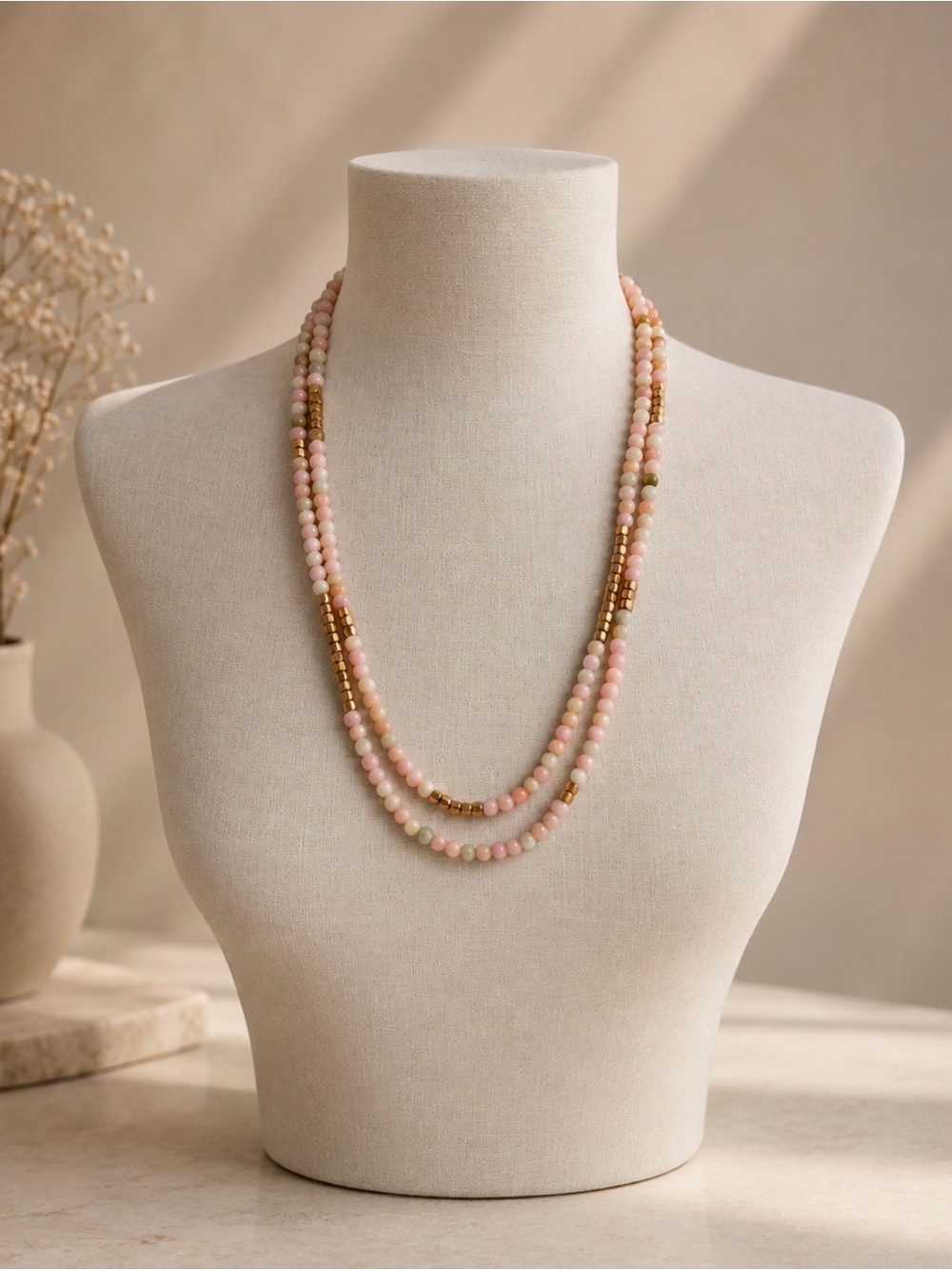 Pink Opal Multi Strand Stretch Wrap Bracelet Boho Healing Crystal Necklace 30”